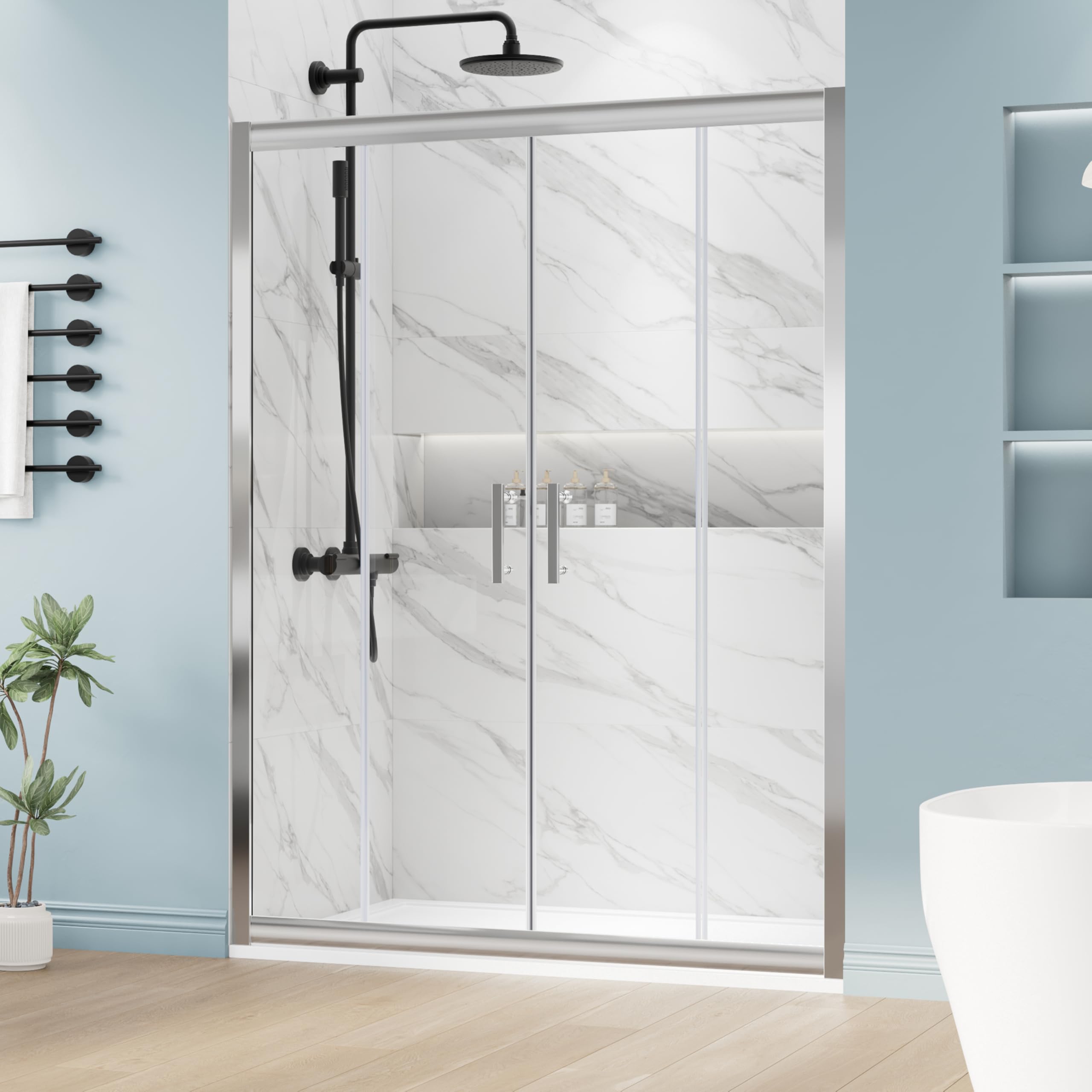 delavin 60" w x 75" h semi-frameless double sliding shower door, shower glass door with sgcc clear tempered glass, water repellent sliding shower door with magnetic seal strip
