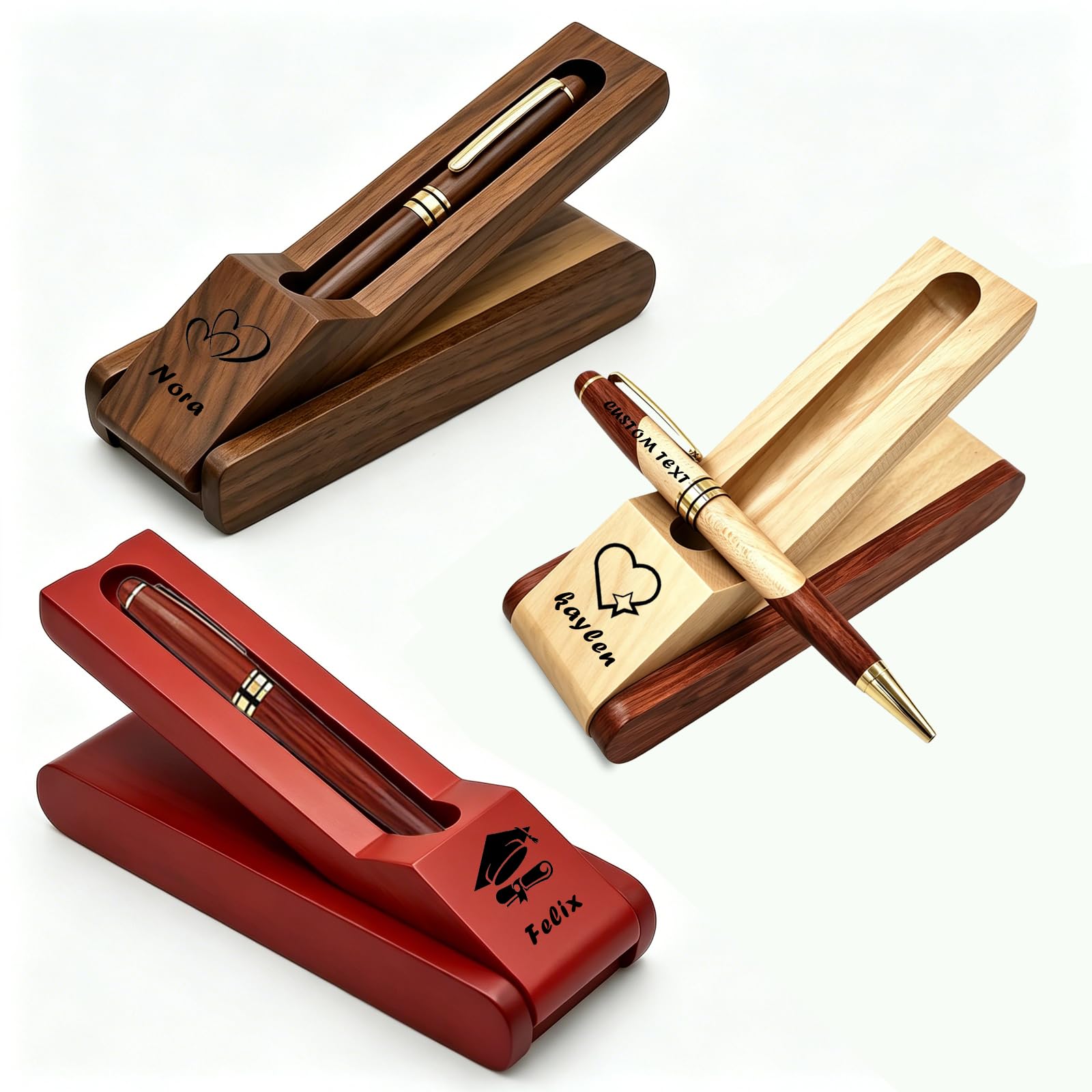 WBW Personalized Wooden BallPoint Pen with Name, Custom Handwritten Pen Gift for Men Women, Engraving Pens & Pen Holder Set for Graduation Birthday, Unique Bespoke for Family (custom pen set)