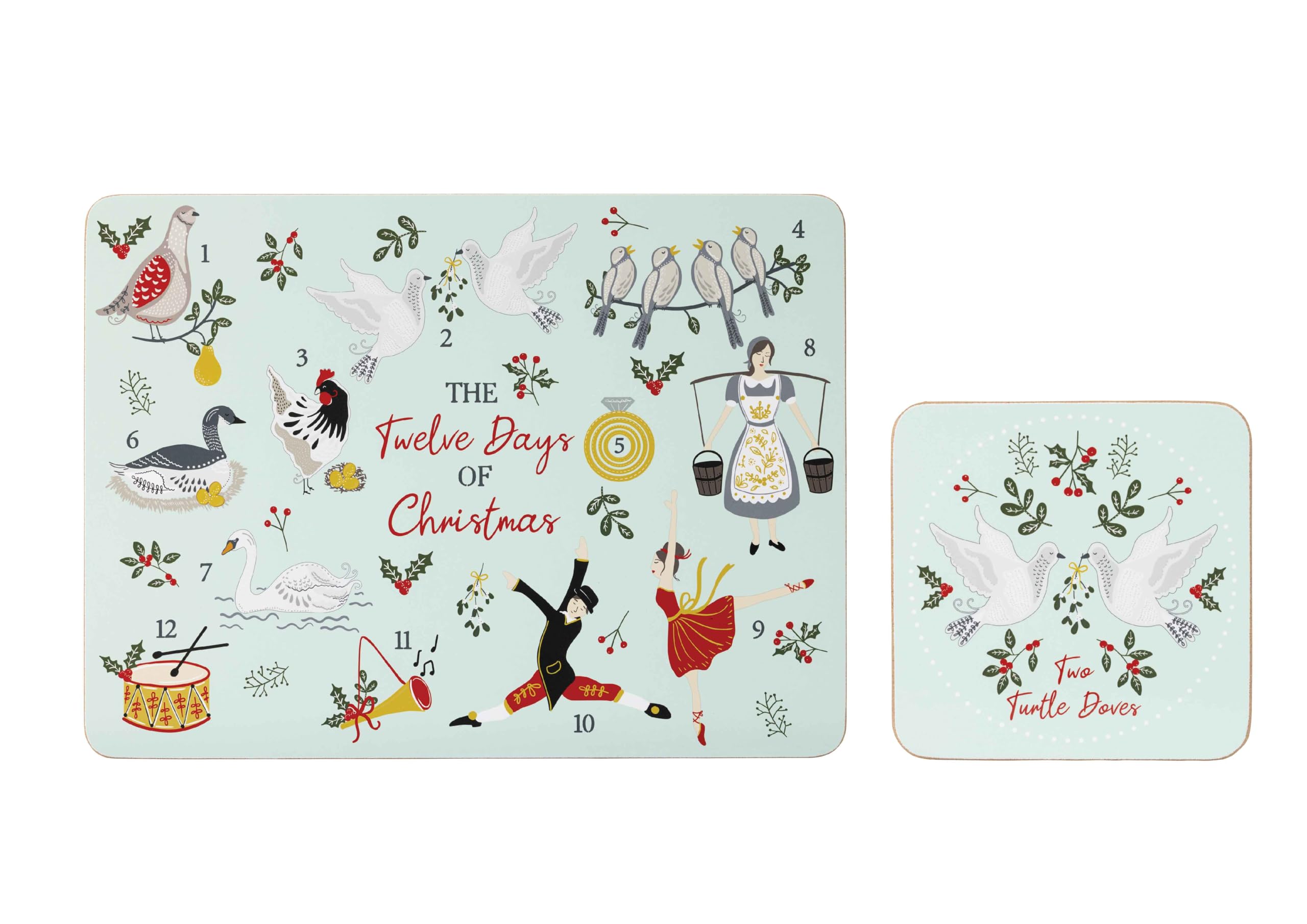 David Mason Design Light Blue Set Of 4 (8Pc) "12 Days Of Christmass" Placemats & Coasters, Christmas Tablemat