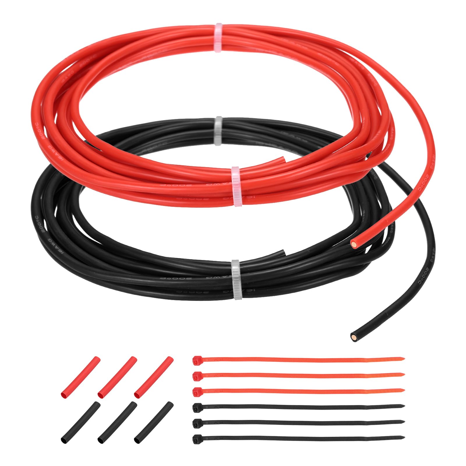 sourcing map 2pcs 16 AWG Silicone Electrical Wire, 16 Gauge 3m/10ft Tinned Copper Electrical Wires with Heat Shrink Tubing & Cable Ties for Automotive, Motor, RV Inverter - Red & Black