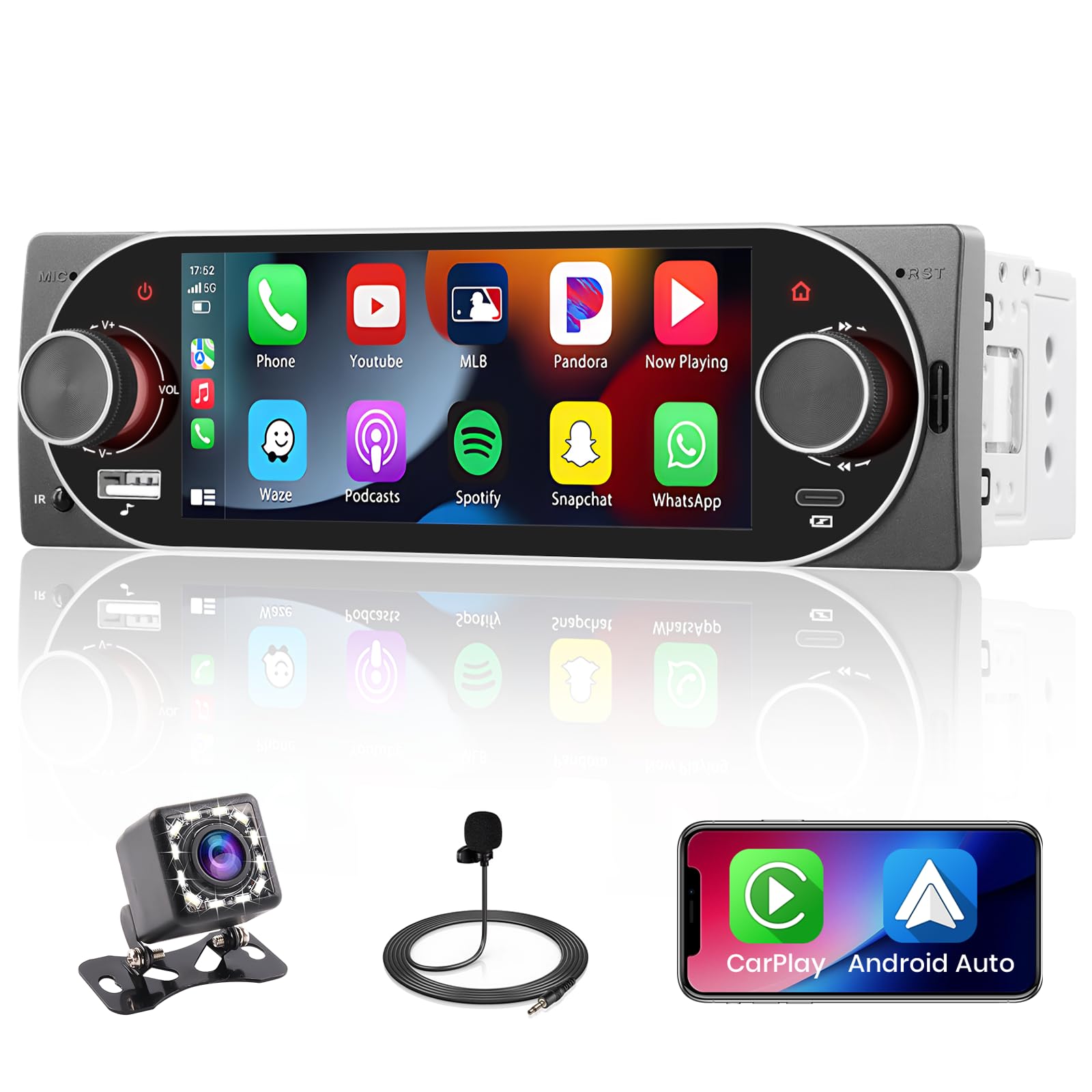 Autoradio Bluetooth 1 Din Compatibile con Carplay e Android Auto, Stereo Auto con Schermo Touch 5.1" - Vivavoce Bluetooth, Mirror Link, Radio FM, USB/Type-C, EQ e Telecamera Posteriore