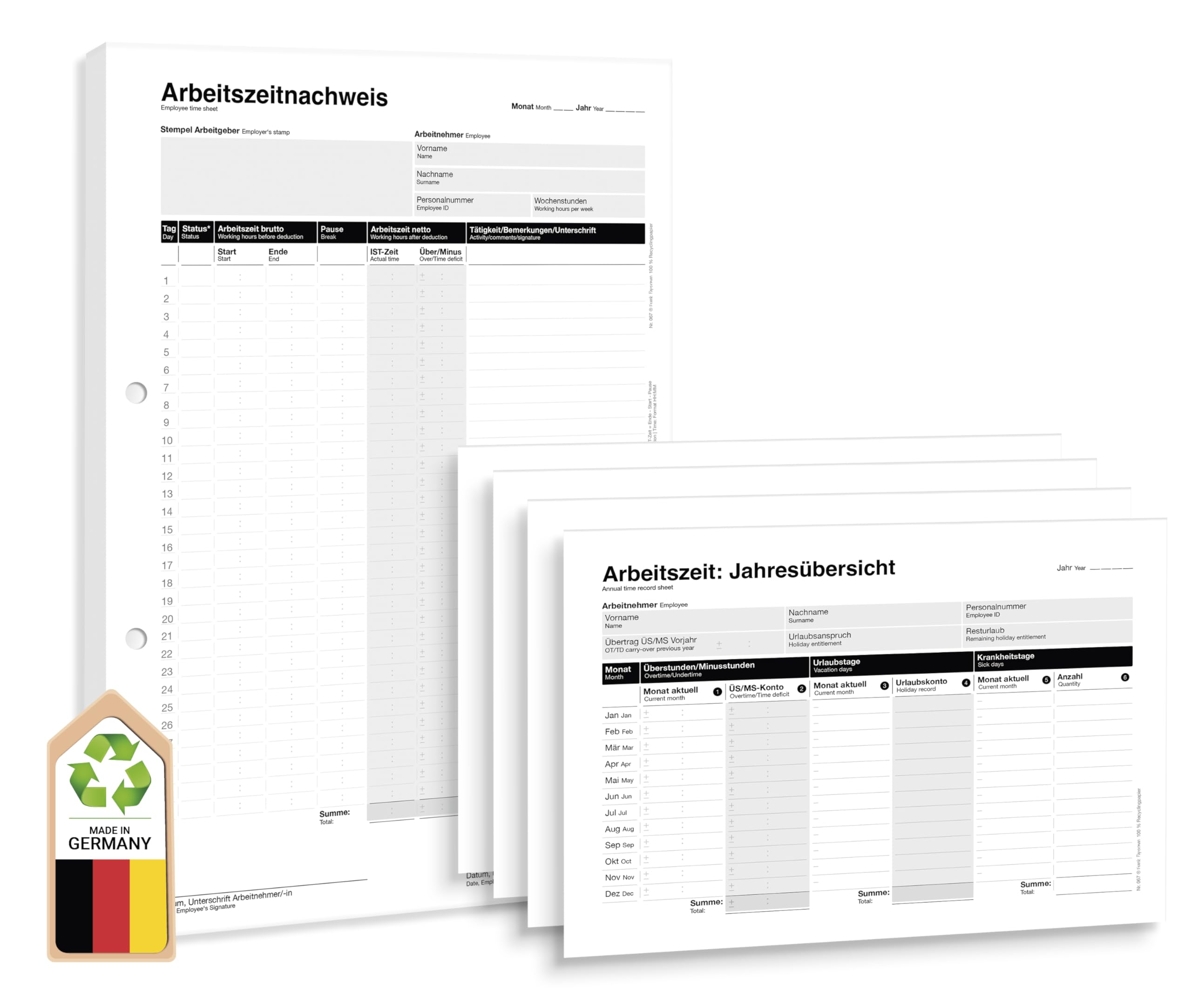 3x Set 50x Arbeitszeitnachweis Block + 4x Jahresübersichten, Arbeitszeiterfassung für Kleinbetriebe – Stundenbuch für Arbeit A4, Rechtssichere Dokumentation DE&EN vorgelocht