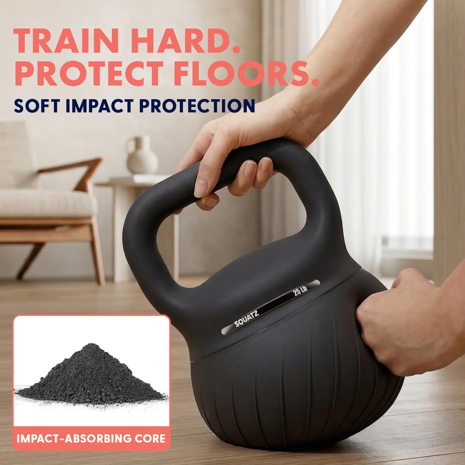 Squatz Soft Drop Kettlebell zestaw do treningu siłowego w domu – zestaw hantli kettlebell z amortyzowaną podstawą i szerokim uchwytem, bezpieczna konstrukcja, 6,8 kg, 9,1 kg i 25 lbs do treningu