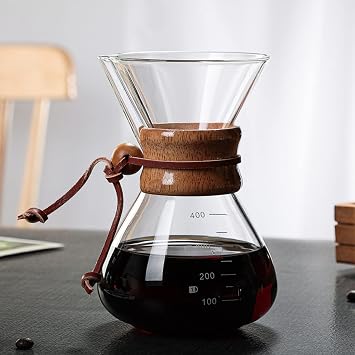 AYNEFY Pour Over Coffee Maker 400ml Double Layer Filter V Spout Wooden Sleeve Coffee Brewer Coffee Pot Borosilicate Glass Carafe Drip Coffee Maker for Home Cafe Party