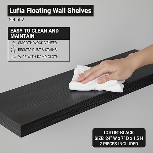 Miniatura 7 de Lufia Estantes flotantes de pared, juego de 2, MDF con soportes invisibles, almacenamiento moderno para dormitorio, baño, sala de estar, cocina
