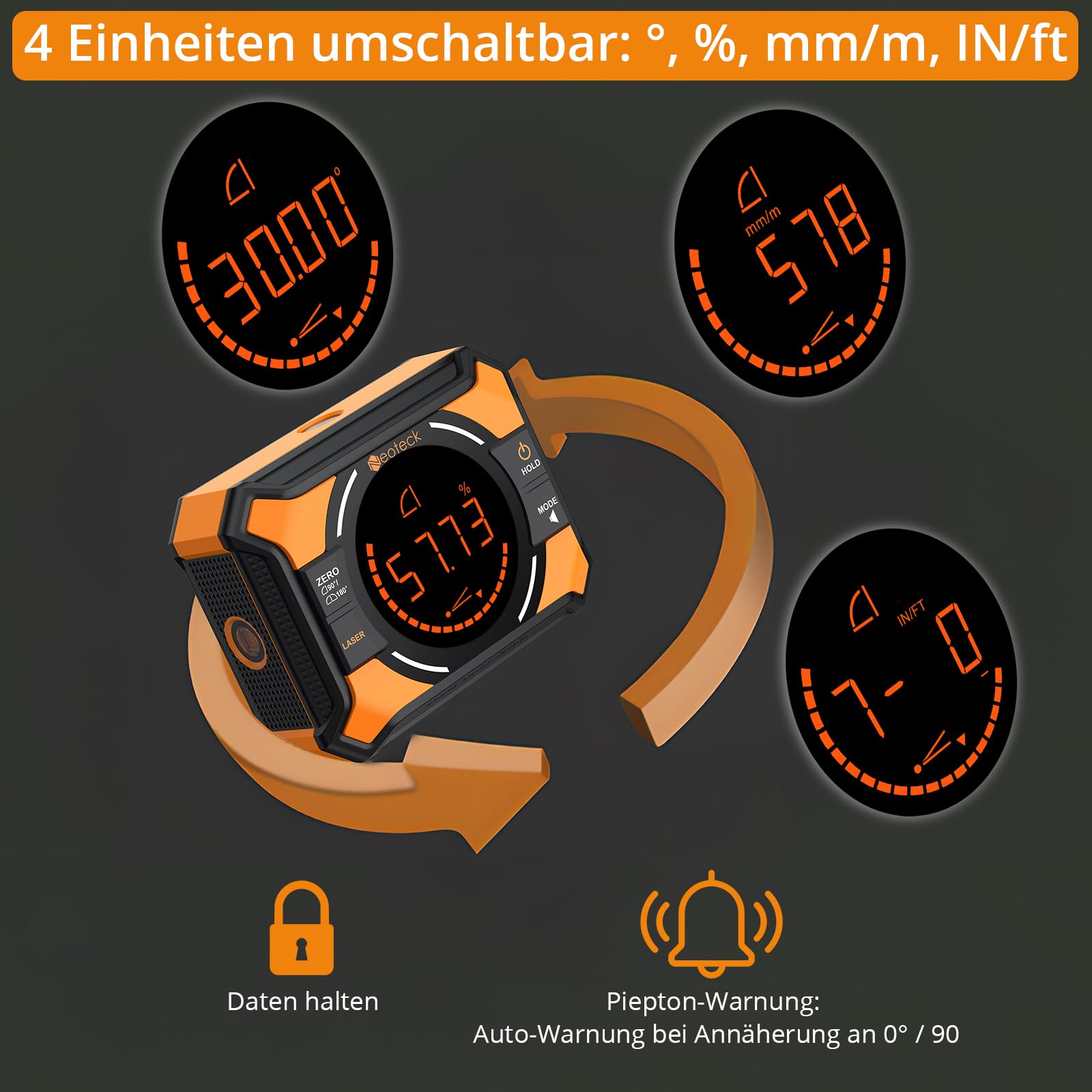 Neoteck Digitaler Winkelmesser 3 IN 1 Neigungsmesser Laser Wasserwaage mit LED Display, Kreuzlinie für Holzarbeiten, Säge, Hängerahmen, DIY