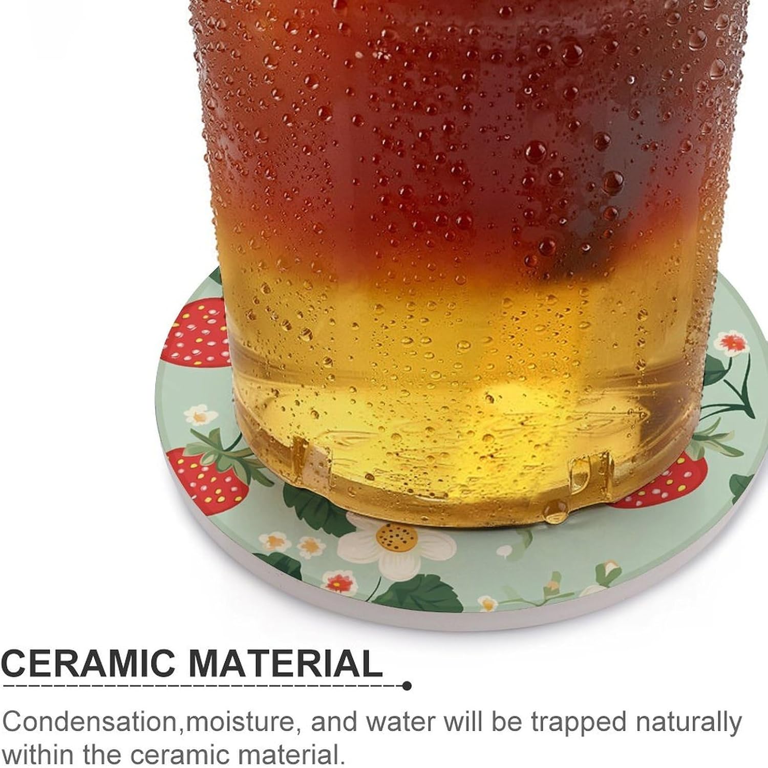 Strawberries Printed Coasters for Drink Round Ceramic Coaster with Cork Base Home Decorative 6PCS