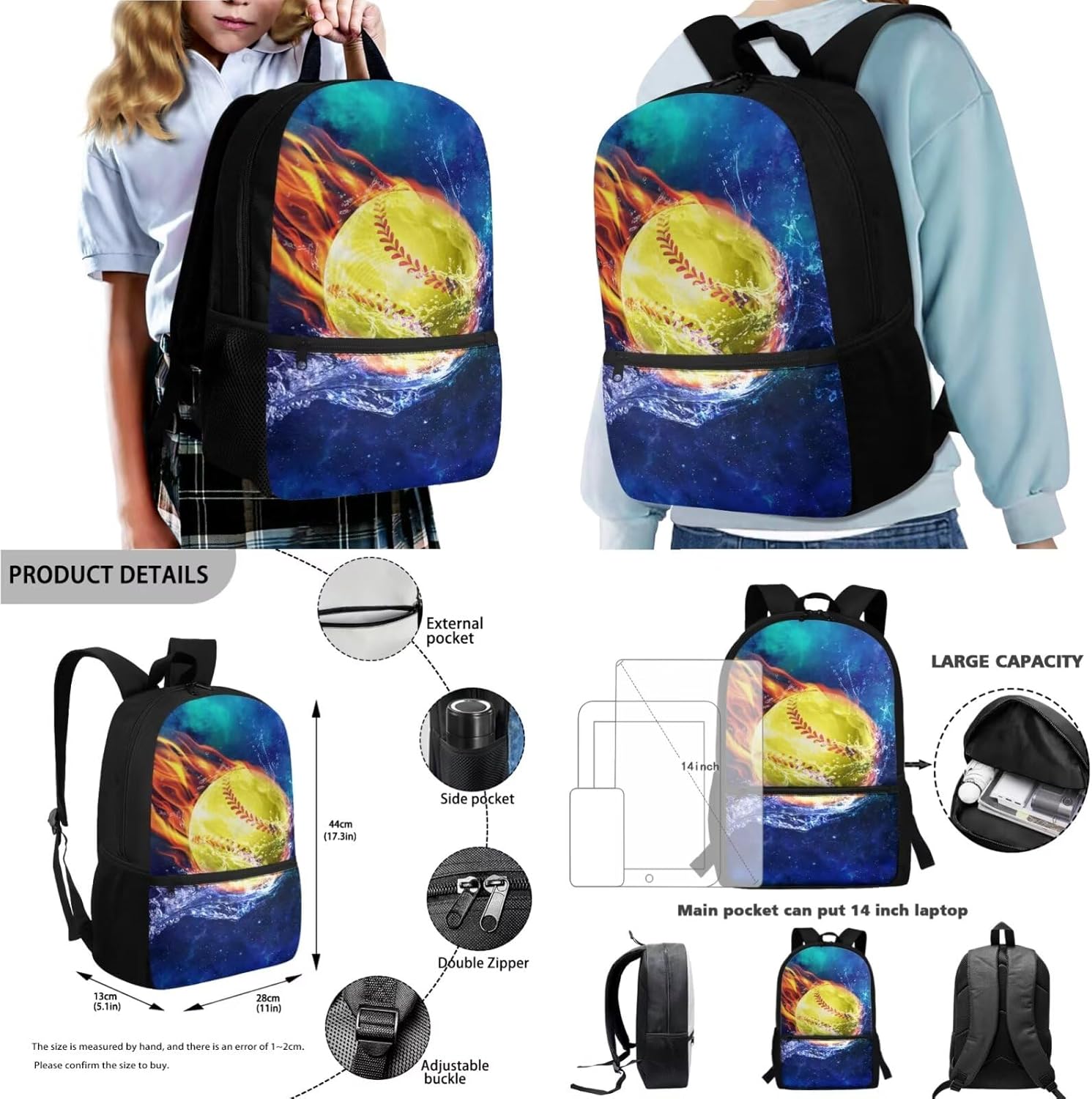 Talayituse Galaxy Softball Fire Water Print Backpack Set for Boys Girls, 4 PCS School Bookbag with Lunch Box Pencil Case Water Bottle Sleeve Schoolbags Rucksack for Kids Elementary Middle High School