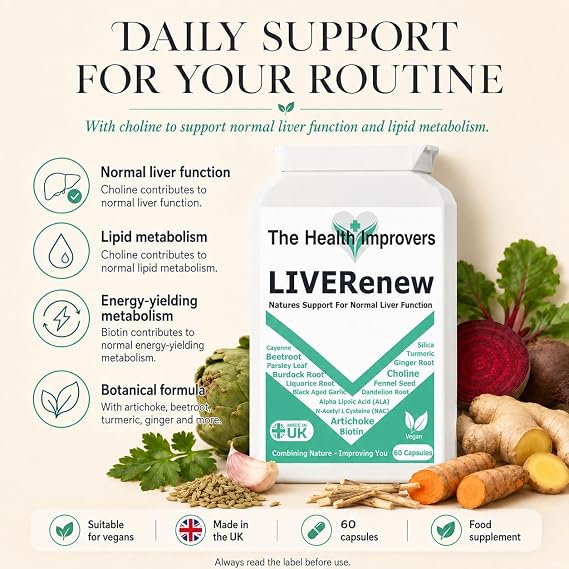 LIVERenew, Choline for Normal Liver Function, Artichoke 4800mg Equivalent with NAC and Dandelion, 60 Vegan Capsules, Made in UK