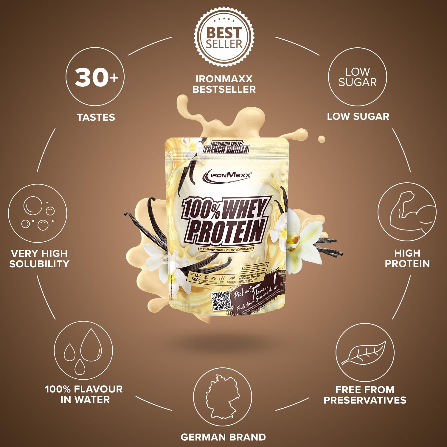 IronMaxx 100% Whey Protein Powder - French Vanilla 500g sobre | proteína de suero de leche en polvo soluble en agua y bajo en azúcar | muchos sabores diferentes