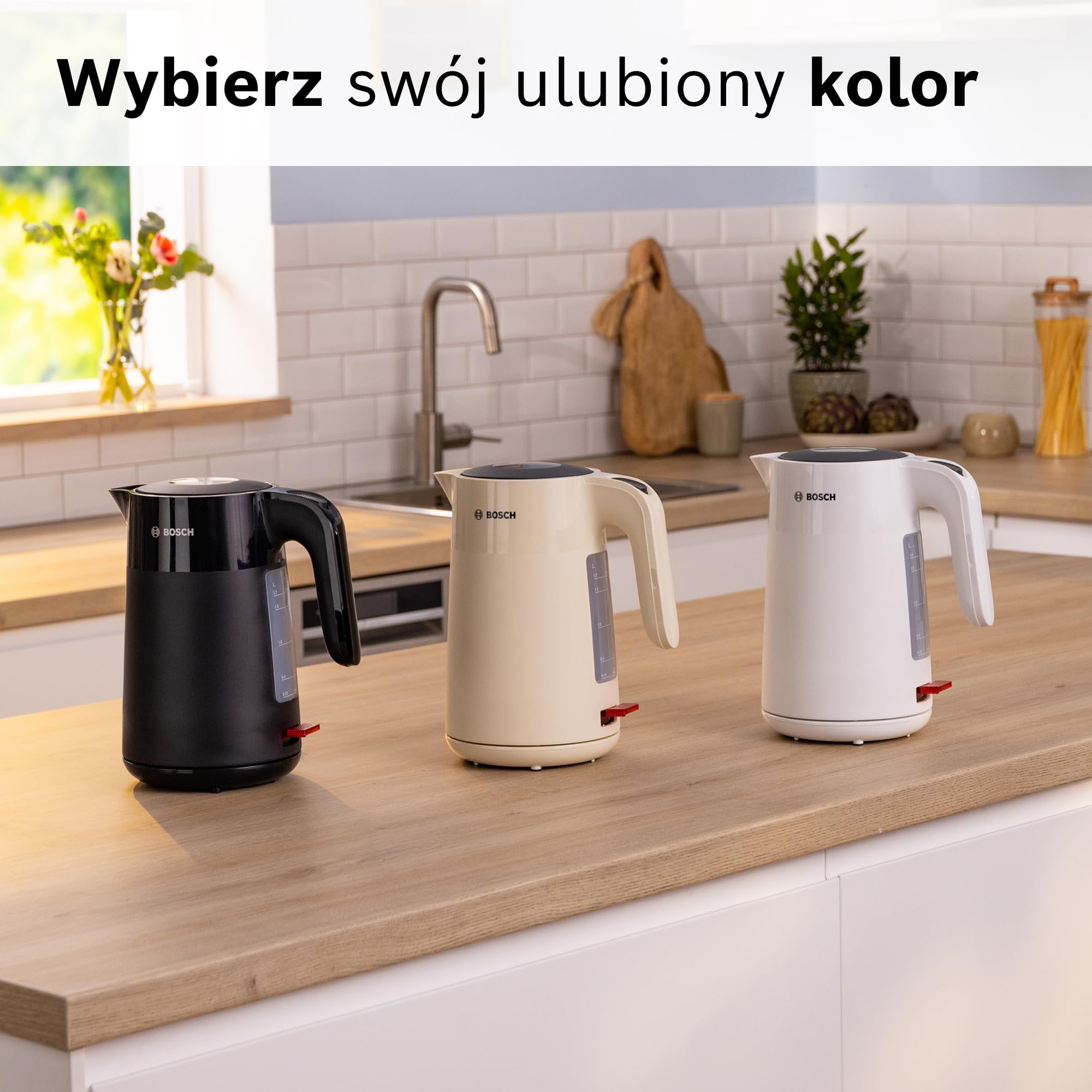 Bosch, czajnik elektryczny, MyMoment, ergonomiczna budowa, duży otwór, potrójne zabezpieczenie, filtr antyosadowy, pojemność 1,7 l, wysokiej jakości plastik, biały, TWK2M161
