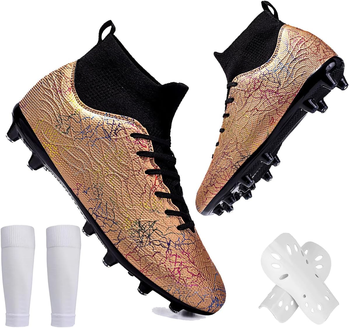 Unisex High Top Soccer Cleats for Kids Teens Adults Sneakers Durable Leather Upper for Artificial Turf,for Training Family Football Boots with Socks and Guards
