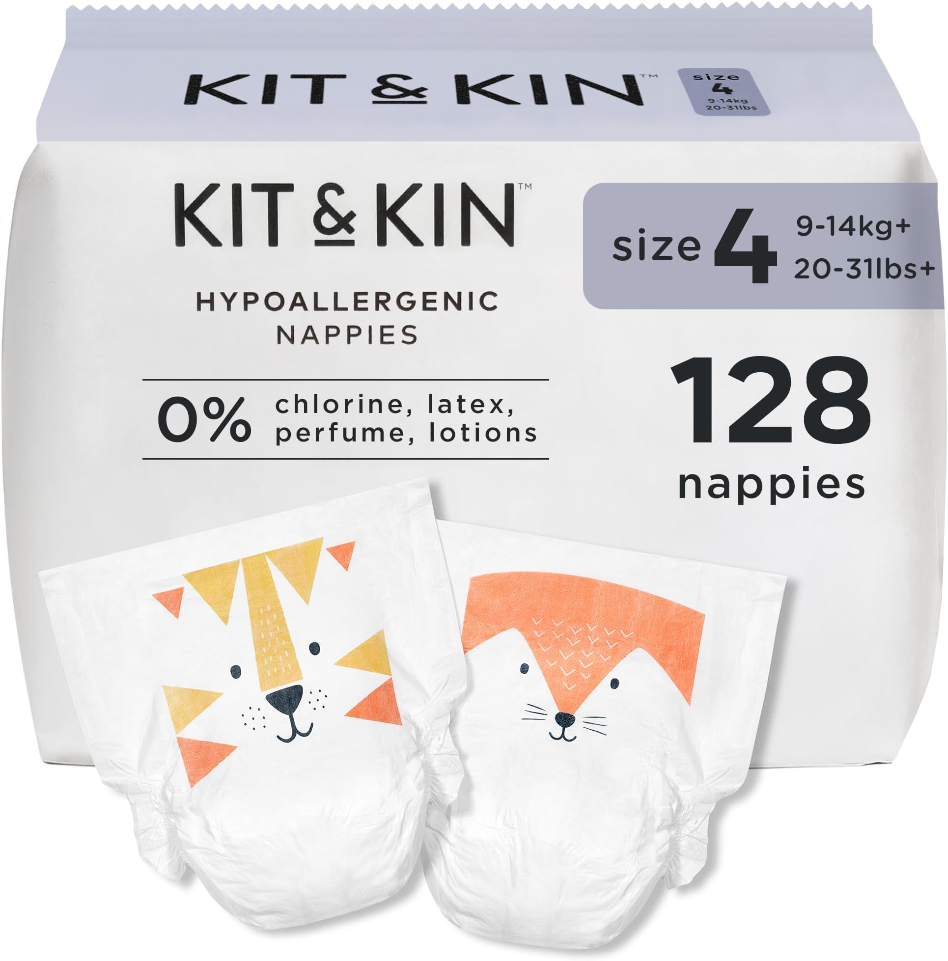 Kit & Kin Premium Baby Nappies Size 4 | 9-14 kgs / 20-31 lbs | Pack of 128 Nappies | Plant-Based Materials On Baby's Skin | Hypoallergenic | Superior up to 12 Hour Leak Protection