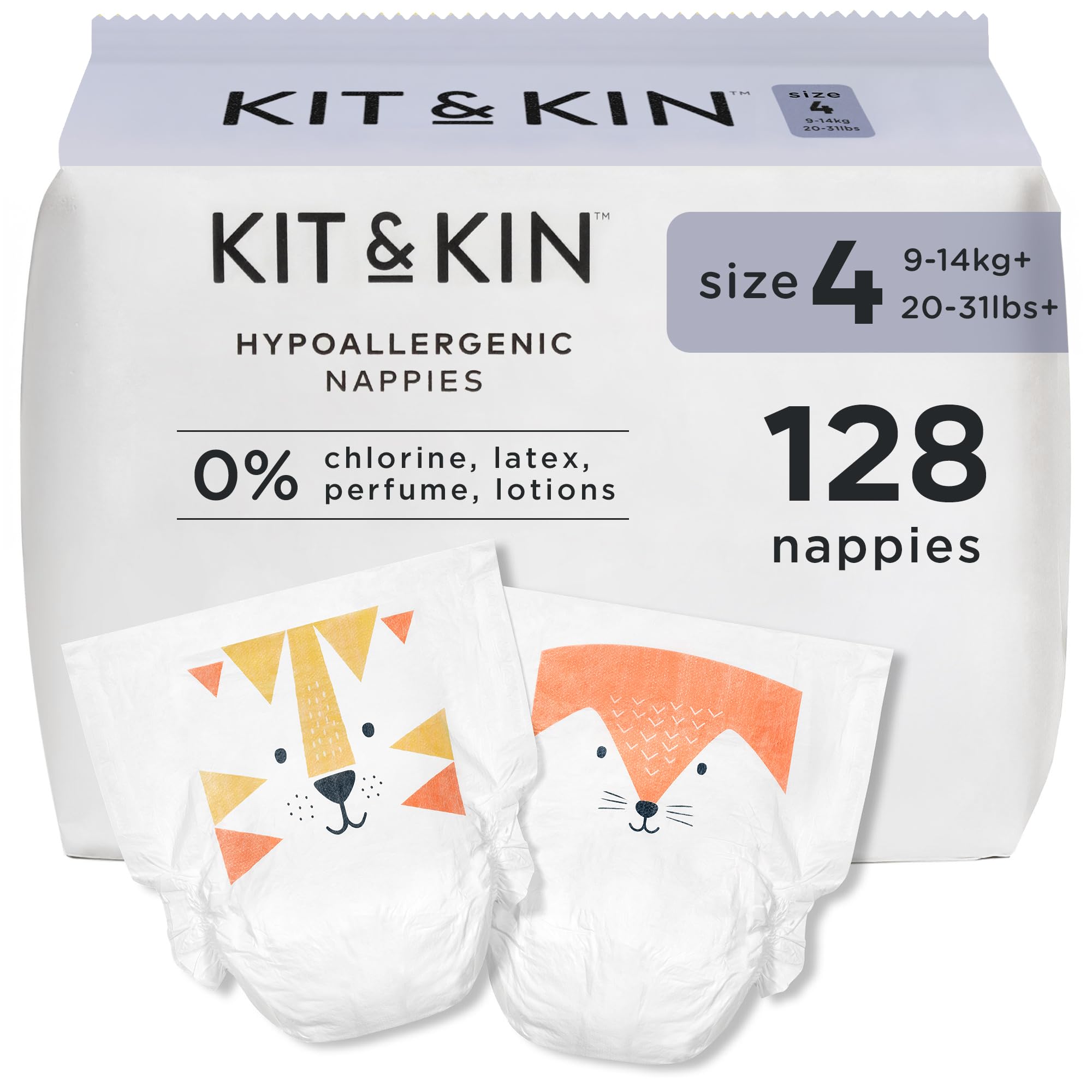 Kit & Kin Premium Baby Nappies Size 4 | 9-14 kgs / 20-31 lbs | Pack of 128 Nappies | Plant-Based Materials On Baby's Skin | Hypoallergenic | Superior up to 12 Hour Leak Protection