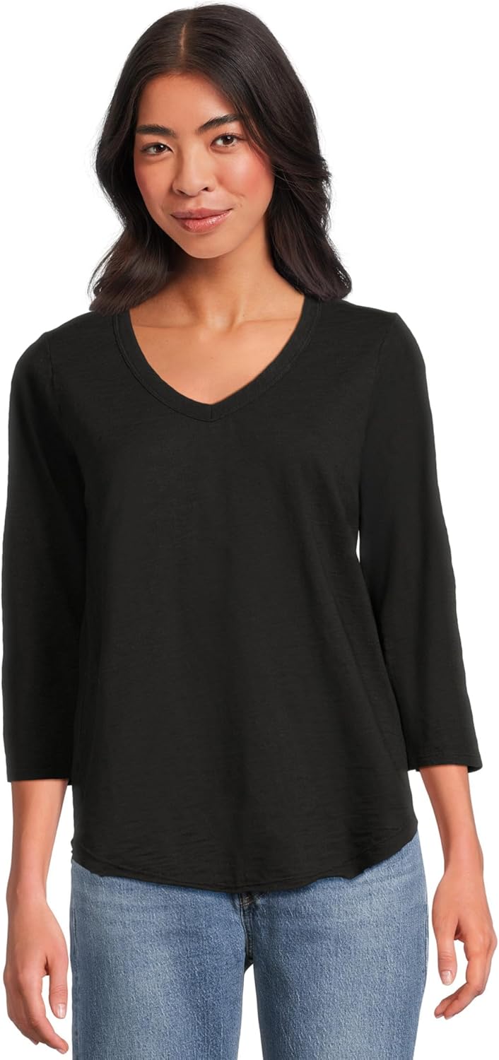 Mod-o-doc Women's 3/4 Sleeve V-Neck Tee with Curved Hem, Black
