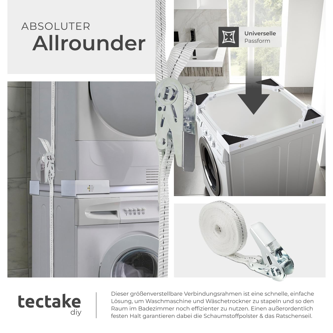 tectake® Verbindungsrahmen für Waschturm aus Waschmaschine und Trockner, 46–66 cm, Universal-Stapelbausatz mit Ratschenseil, Waschmaschine Trockner Verbindung, Zwischenbaurahmen Trockner Waschmaschine