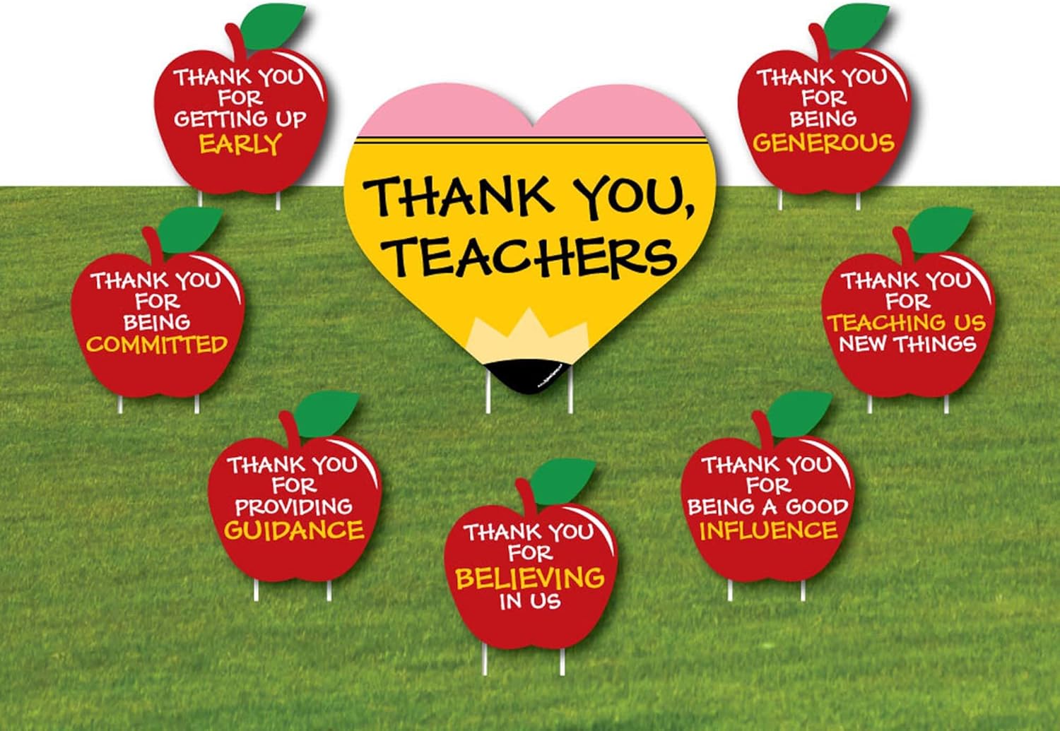 Big Dot of Happiness Teacher Appreciation Yard Sign Kit - Outdoor Lawn Decorations with Large Thank You Teachers Sign and 7 Apple-Shaped Signs, Durable Weather-Resistant Plastic with Stakes