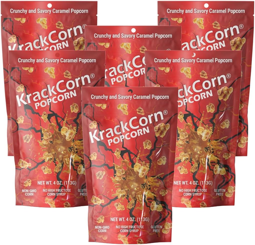 KrackCorn Caramel Popcorn, Sweet and Salty, Gluten-Free, Non-GMO, No High Fructose, Guilt Free, Non Greasy Snack Perfect for Movie Nights, Pack of 6