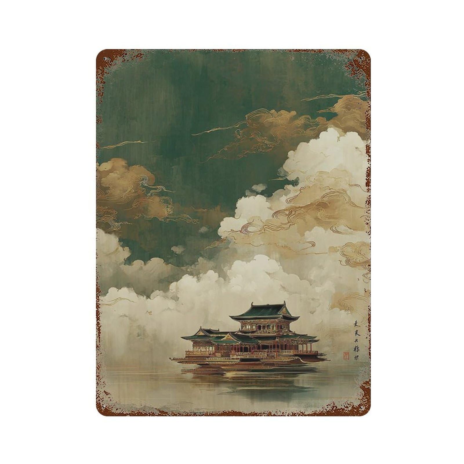 xiaoxiaoshen Japanese Floating Palace Misty Temple Lake Atmospheric Cloud Landscape Wall Decor Art Metal Tin Poster Modern Home Decor Art Home Bar Shop Decorations Vintage Sign 40x30cm