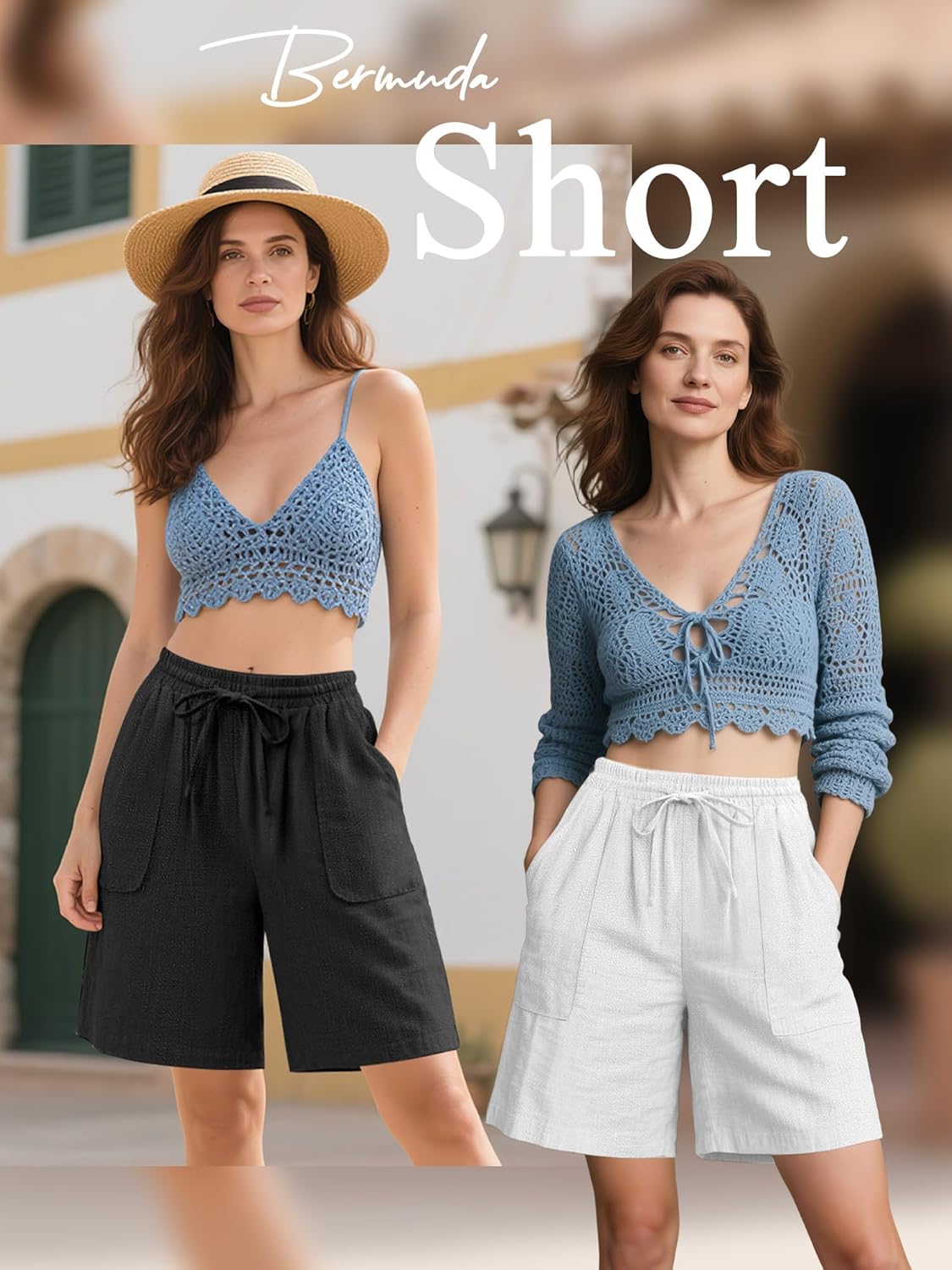 Neer 2 Pack Women's Linen Bermuda Shorts High Waisted Drawstring Wide Leg Casual Beach Knee Length Shorts with Pockets - Image 3