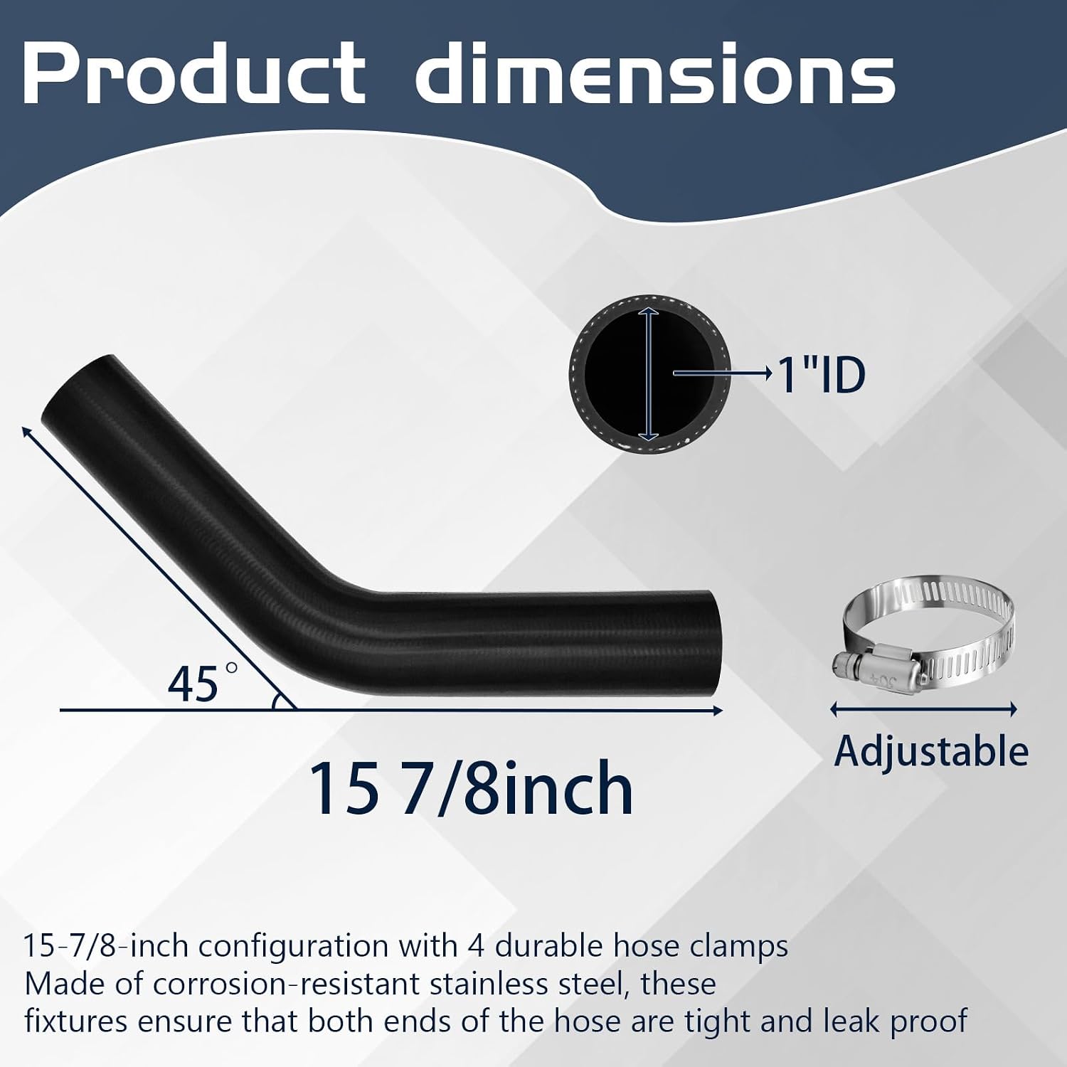 1" Gasoline Fuel Filler Neck Hose with 4 Clamps - 15 7/8" Length Gas Tank Hose Replacement (1" ID 45 Degree)