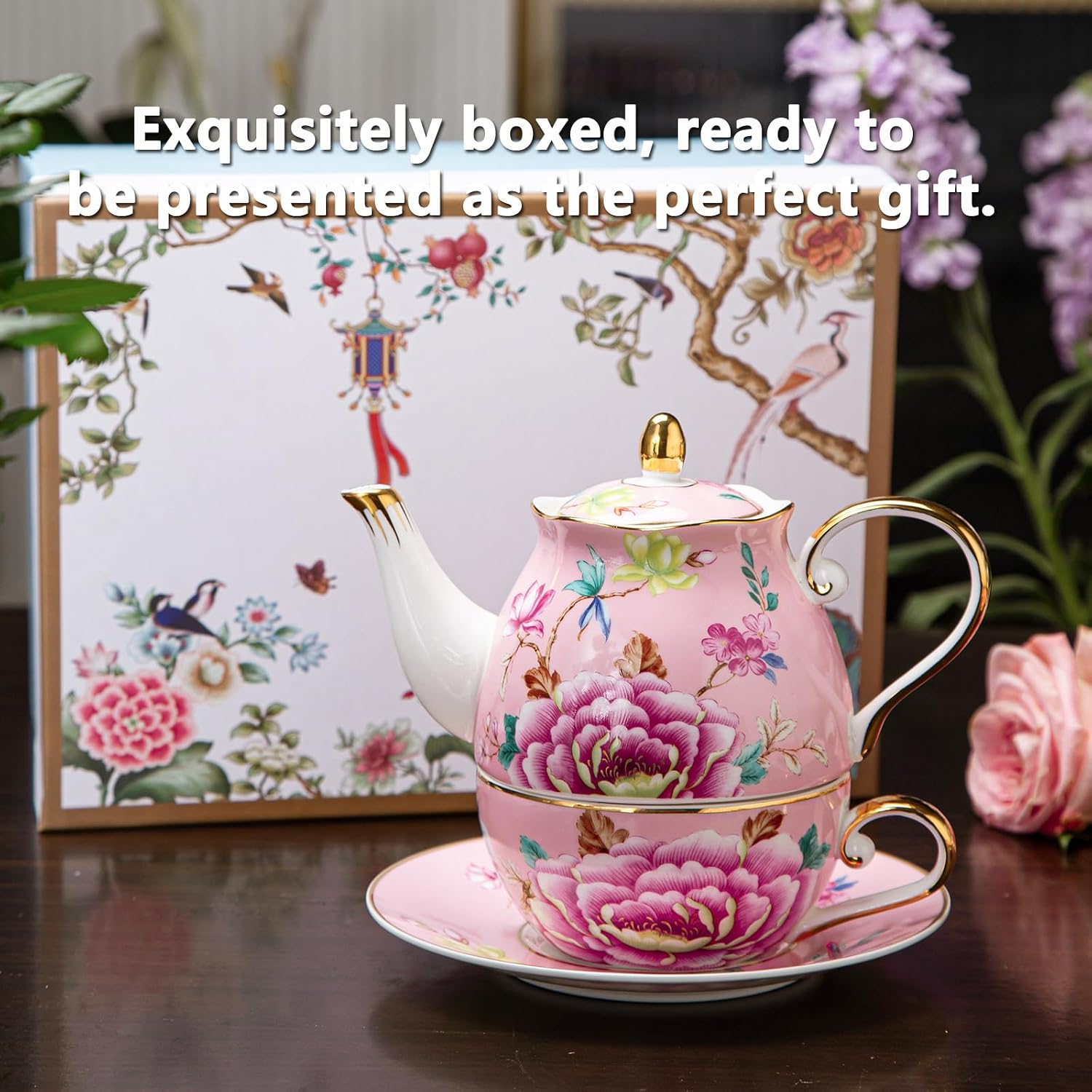 Tea for One Set, Stackable Bone China Teapot and Cup with Saucer, Vintage Floral Porcelain Gift Set for Women, Birthday, Mother’s Day, Christmas, Valentine’s Day (Pink)