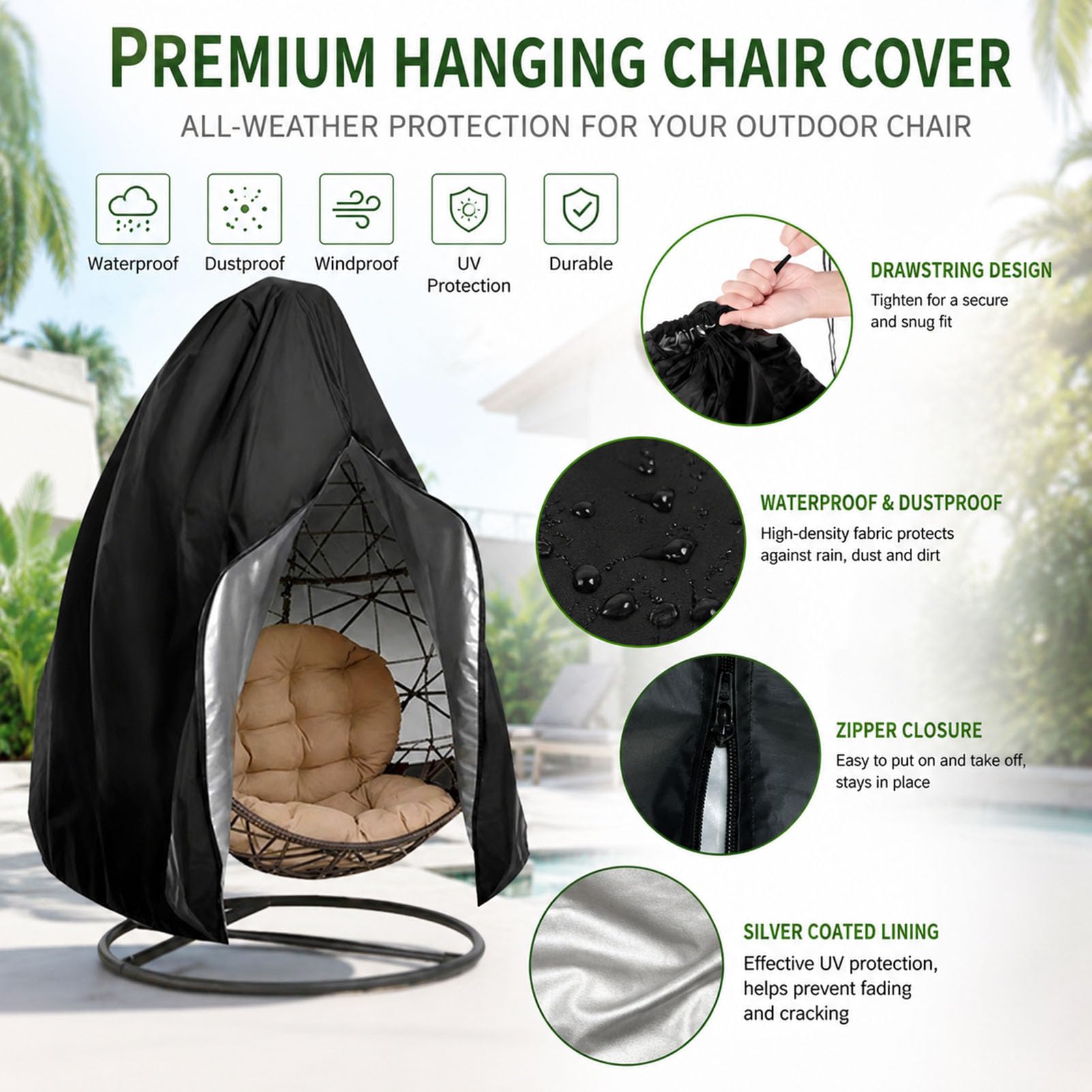 Housse Fauteuil œuf Suspendu imperméable Anti-UV avec Ouverture Avant M/L