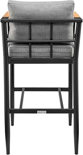 Miniatura 7 de Armen Living Wiglaf - Taburete de bar moderno para patio al aire libre en metal de aluminio y madera de teca con cojines grises, altura del asiento