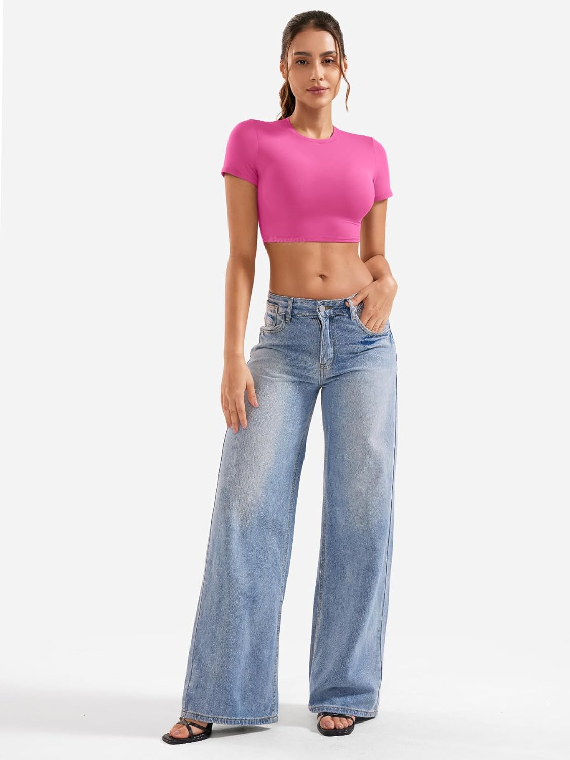 VOYJOY Womens Double Lined Fitted Short Sleeve Crop Tops Crew Neck Casual Workout T Shirts Cute Basic Tee - Image 5