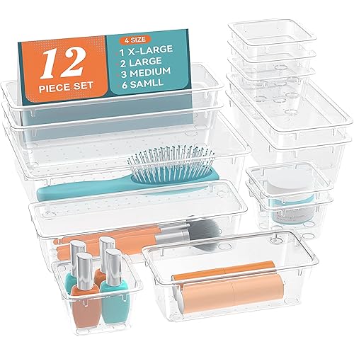12-Piece Drawer Organizer Set, 4 Sizes Clear Plastic Makeup Vanity Organizer for Makeup, Stationery, Gadgets, Kitchen, Bathroom, Office, Bedroom