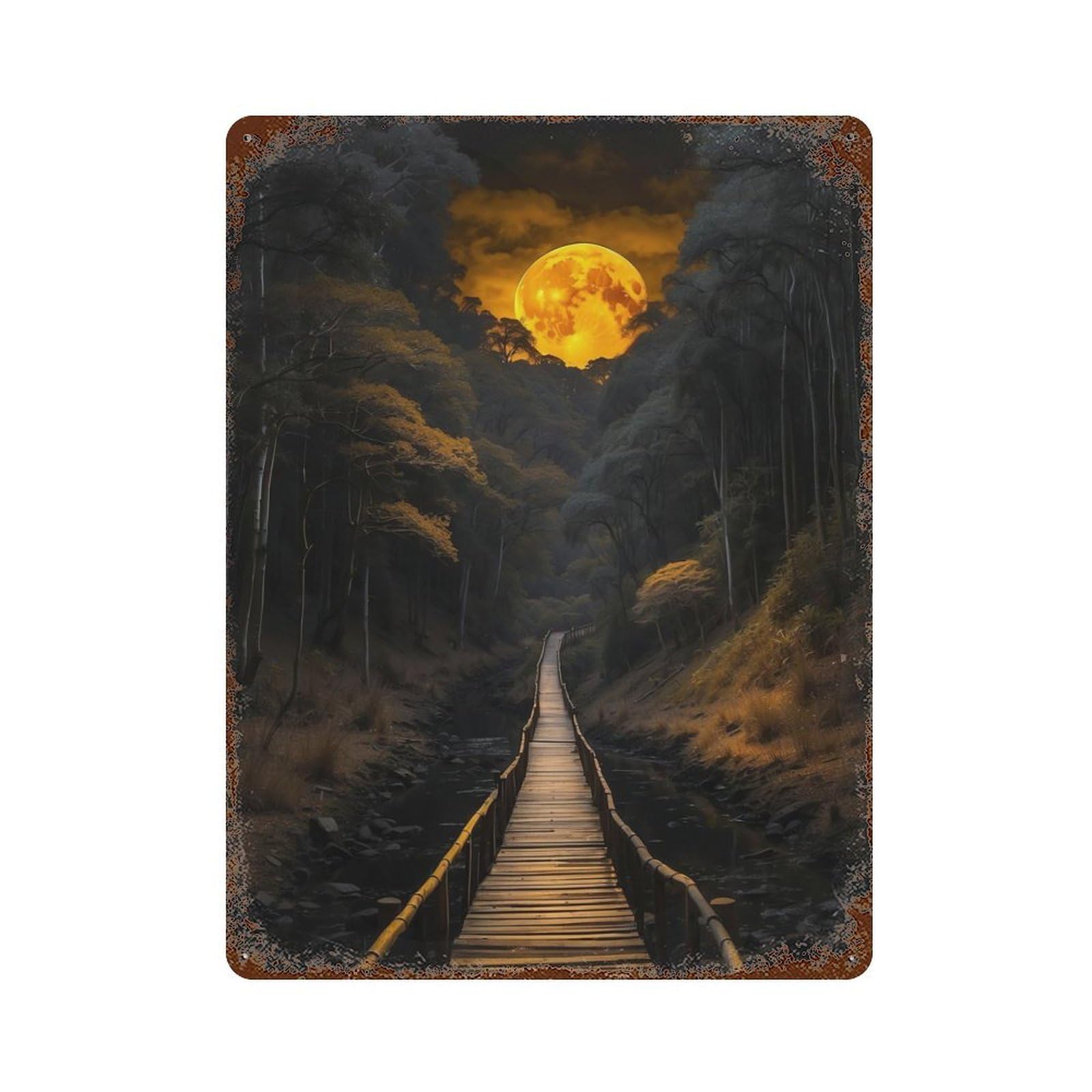 Moonlit Bridge Rustic Tin Plaque 15.7"x11.8", Ideal for Cafe, Home Bar And Lounge Decor