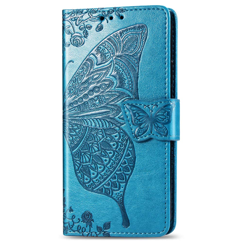Huawei P Smart Z Case, Shockproof PU Leather Flip Wallet Phone Case Emboss Butterfly TPU Bumper Protective Cover with Card Holders Magnetic Closure Kickstand for Huawei P Smart Z blue