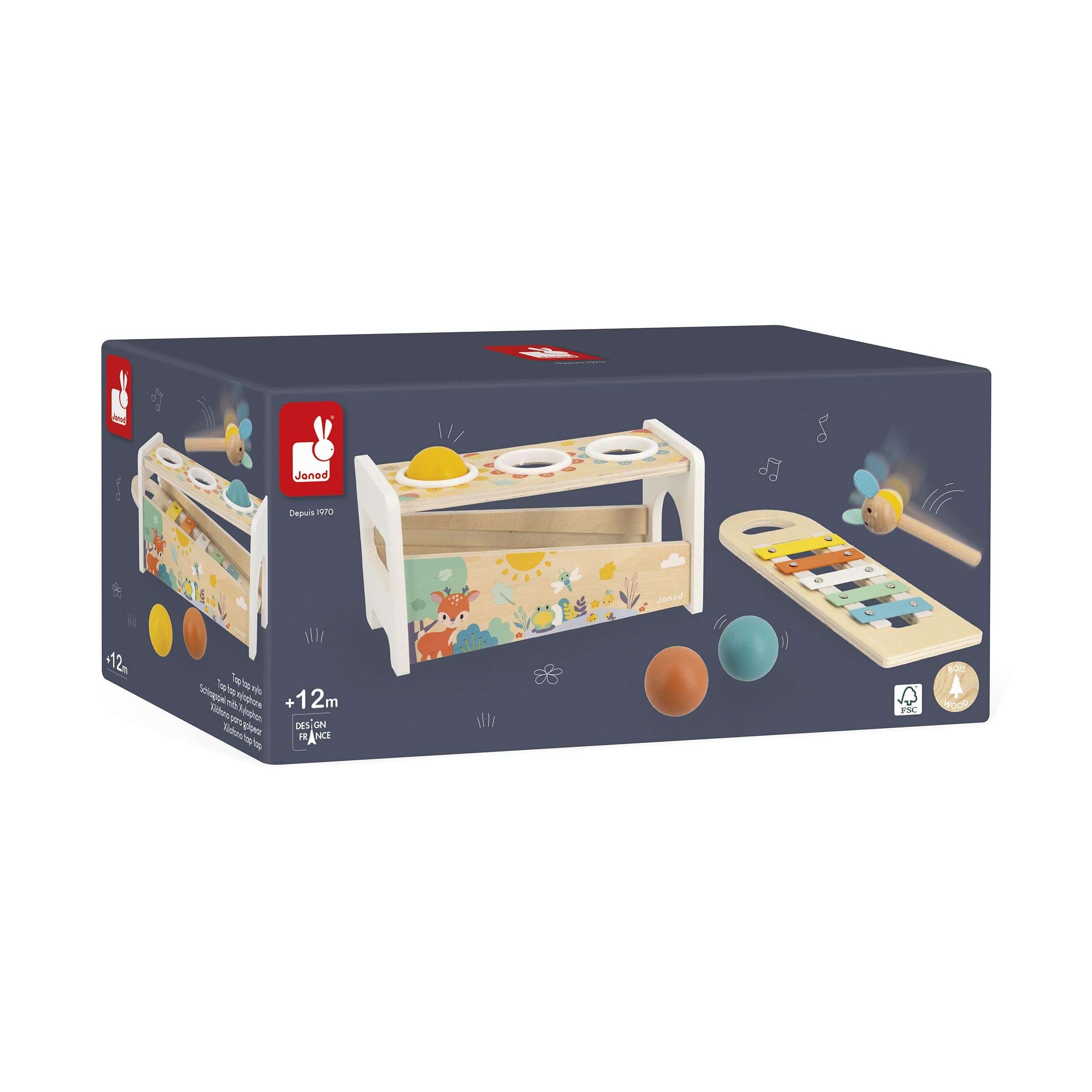 Janod - Tap Tap Xylo Pure - Jouet en Bois 2 en 1 - Jeu d'Éveil Musical et d'Adresse - avec 3 Balles + Marteau + Xylophone - Dès 1 an, J05155