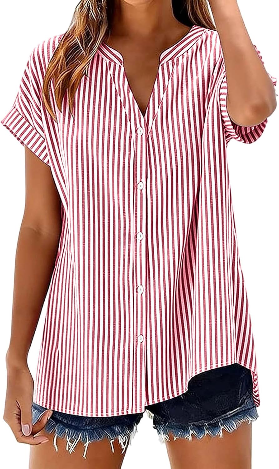 Womens Summer Tops Plus Size Button Down Dressy Business Casual V Neck T Shirts Short Sleeve Spring Loose Blouses