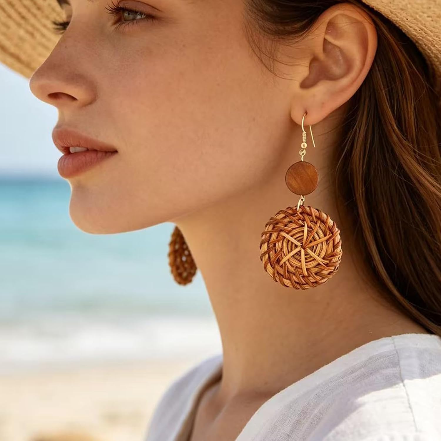 Rattan Earrings for women Summer Rattan Hoop Wicker Straw Earrings Handmade Beach Jewelry Woven Round Drop Dangle Earrings