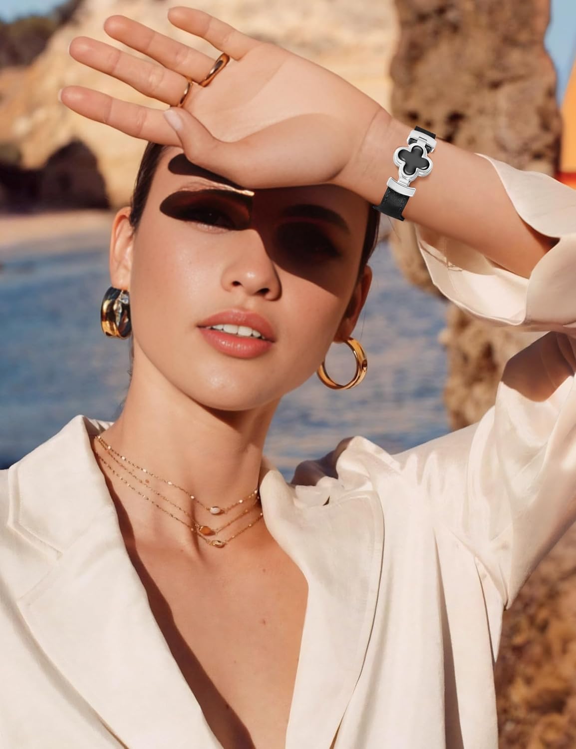 MOINSPIRE Designer Slim Leather Bands for Women,Lucky Four-Leaf Clover Cute Dressy Magnetic Watch Bands for iwatch Compatible with Apple Watch Series 11/10/9/8/7/6/5/4/3/2/1 SE 1/2/3 Ultra 1/2/3