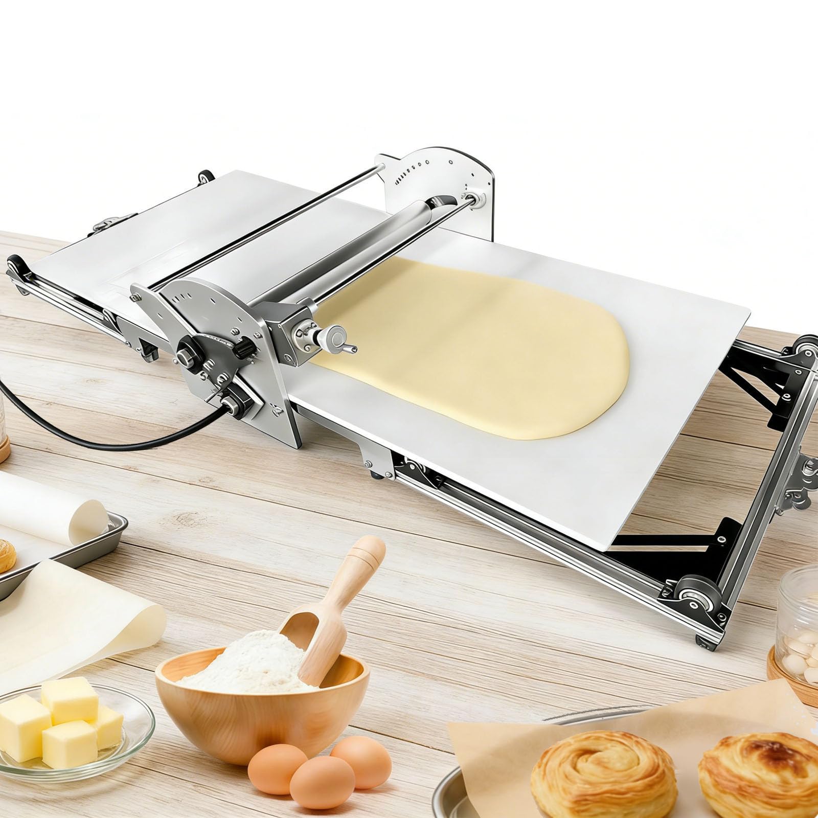 Klappbare Elektrische Teigausrollmaschine 40" - Gewerbliche Teigroller Maschine Aus Edelstahl Mit Einstellbarer Dicke Von 2-30 mm, Automatischer Laminierer Für Croissants Und Blätterteig