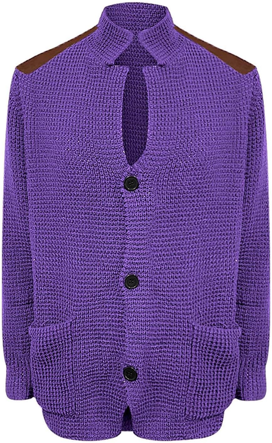 Mens Fashion Button Up Cardigan Sweater Long Sleeve Patch Basic Knitted Sweaters Stand Collar Casual Ribbed Cardigan