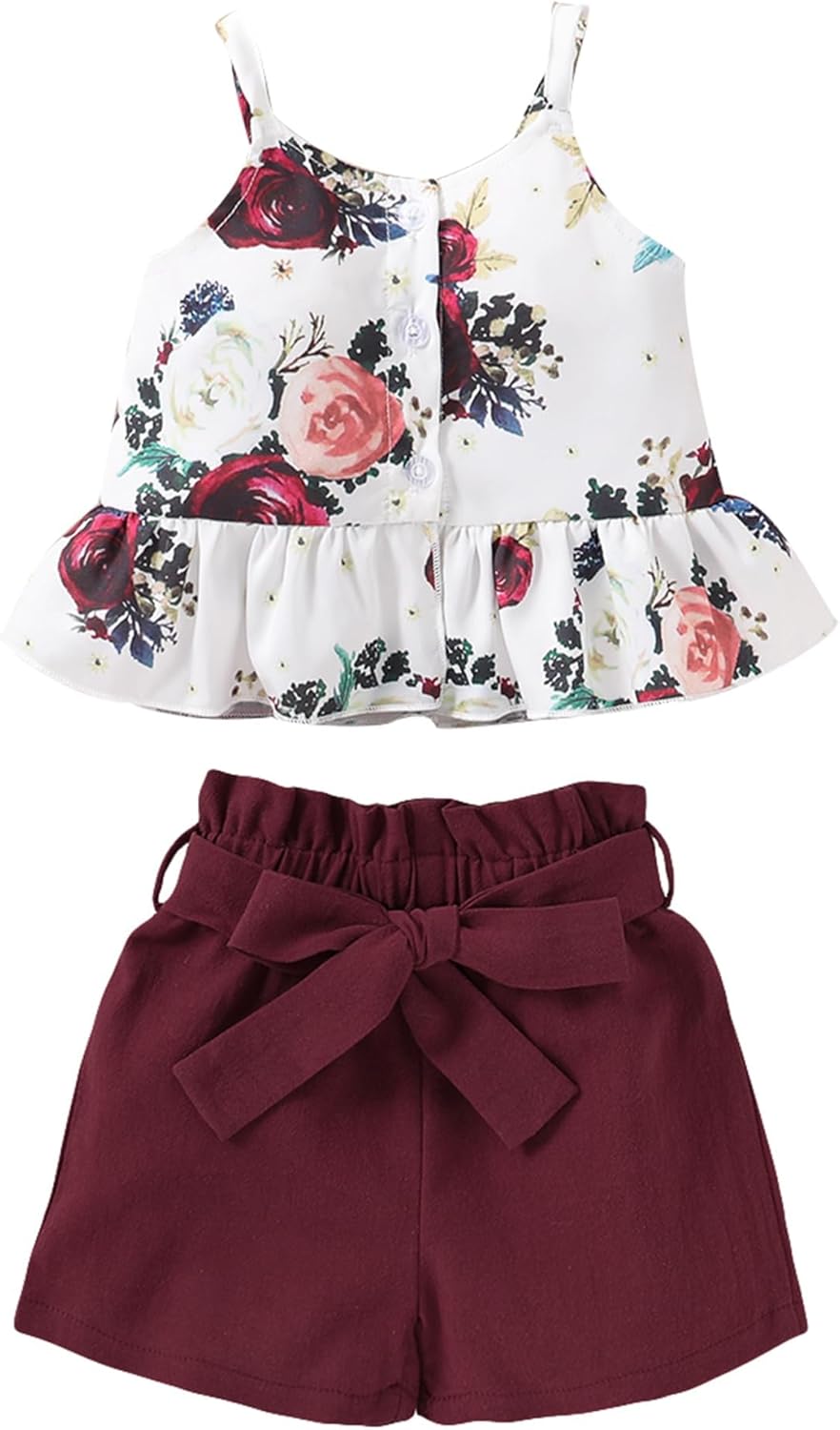 Kucnuzki Toddler Baby Girl Clothes Summer Outfits Ruffle Sleeveless Linen Shirt Kid Short Set for Girl