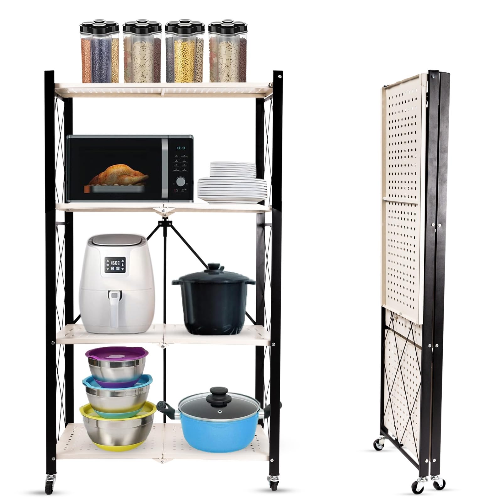 Scaffale Pieghevole 4 Ripiani Con Ruote - Organizzatore Metallico, Nessun Montaggio, Bianco/Nero