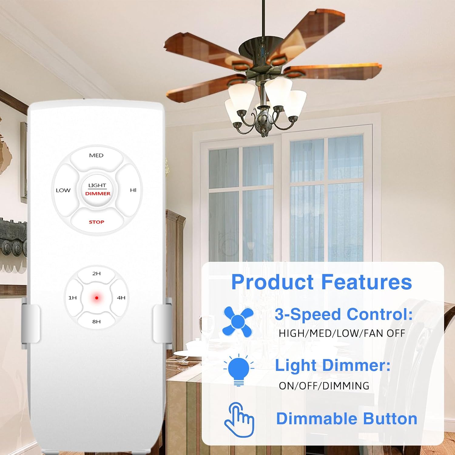 Image showing the remote control and a graphic highlighting 3-speed control, light dimmer, and dimmable button features.