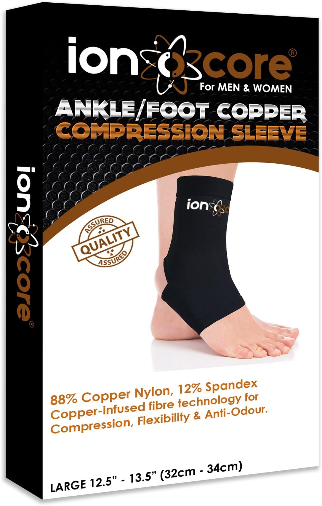 Copper Compression Ankle Support Sleeve for Ankle, Foot and Arch Support from ionocore®. Relief of Plantar Fasciitis, Ankle Pain, Achilles Tendon Pain & Foot Pain with Open Heel. Slimfit (Large)