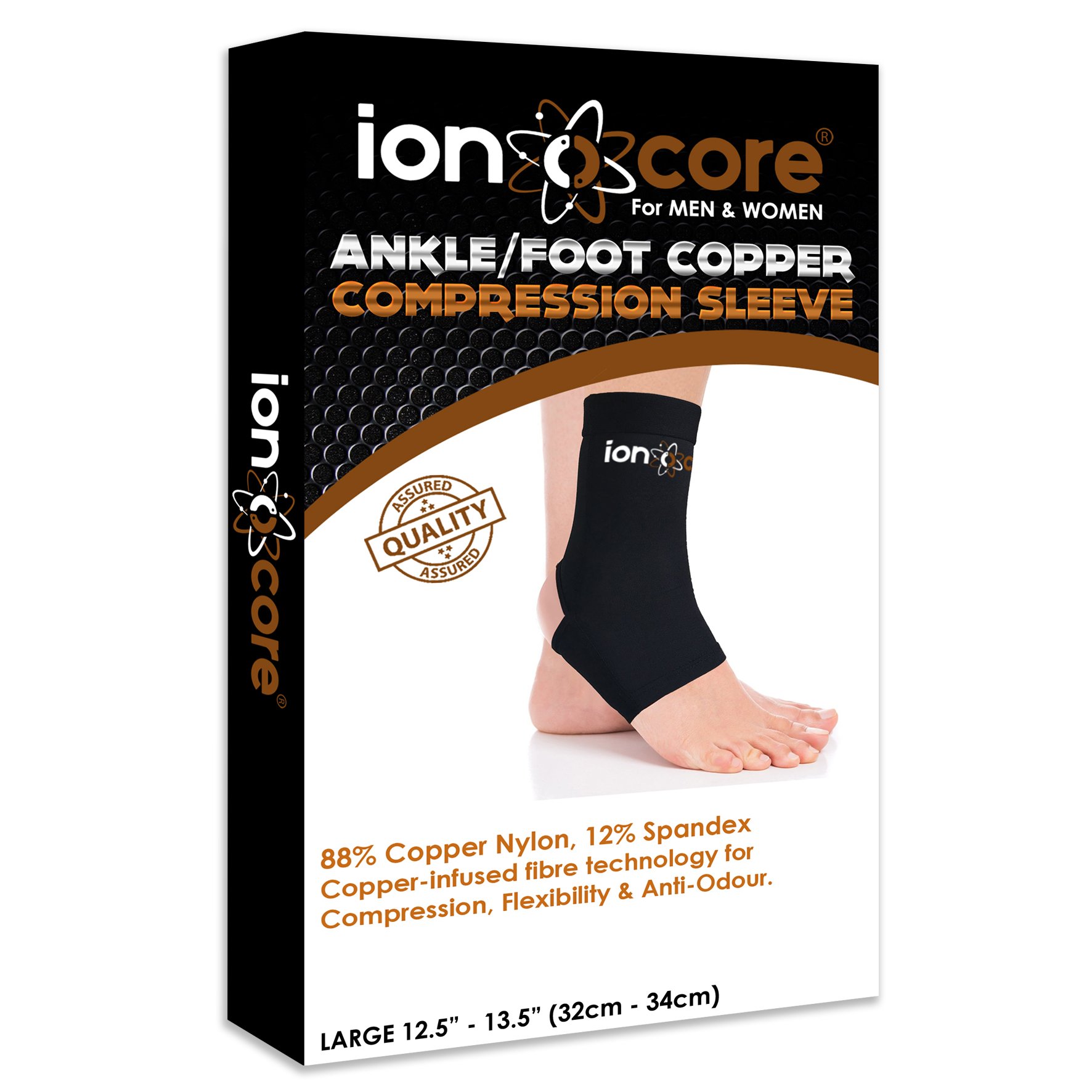 Copper Compression Ankle Support Sleeve for Ankle, Foot and Arch Support from ionocore®. Relief of Plantar Fasciitis, Ankle Pain, Achilles Tendon Pain & Foot Pain with Open Heel. Slimfit (Large)