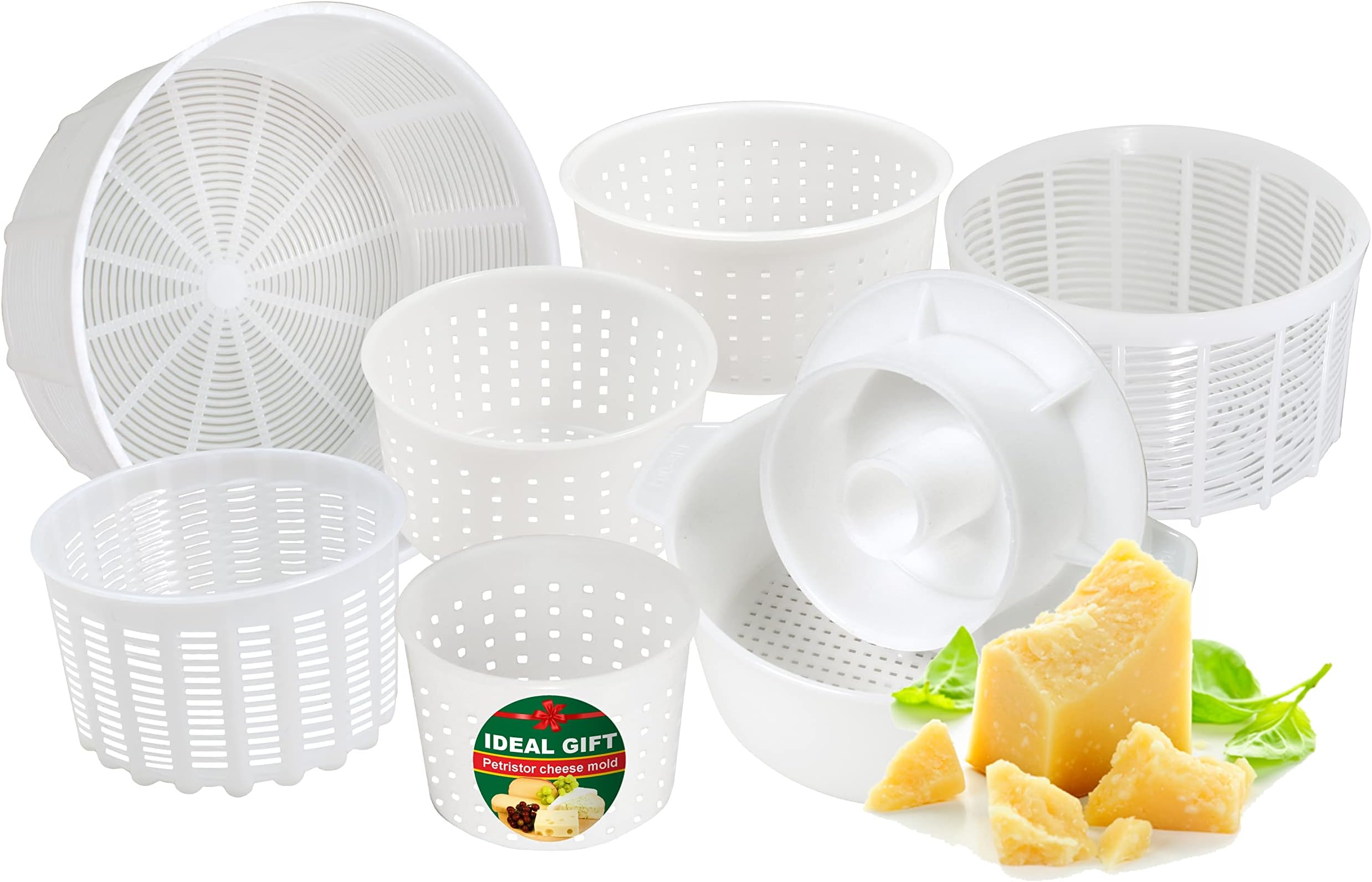 7pcs Cheese Making Kit Beginners №1 - Soft Cheese Molds + Cheese Mold with a Follower Piston - Cheese Making Supplies - Cream Cheese Form Mold Basket