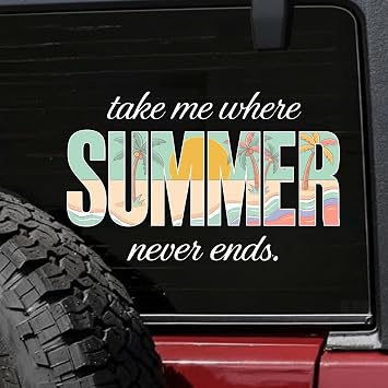 Car Stickers, Take Me Where Summer Never Ends Car Decal - Retro Beach Palm Tree Sticker, Vintage Tropical Vinyl Bumper Decal, Summer Vibes Wanderlust Gift for Beach Lovers Travel Enthusiasts