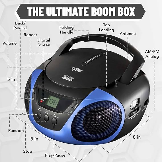 Tyler Portable Boombox CD Player AM/FM Radio Combo, Dynamic Boom Box CD Players for Home/Outdoor Portable Stereo with Speakers, Long Antenna for Best Reception Aux Input/3.5mm Headphone Jack, Blue