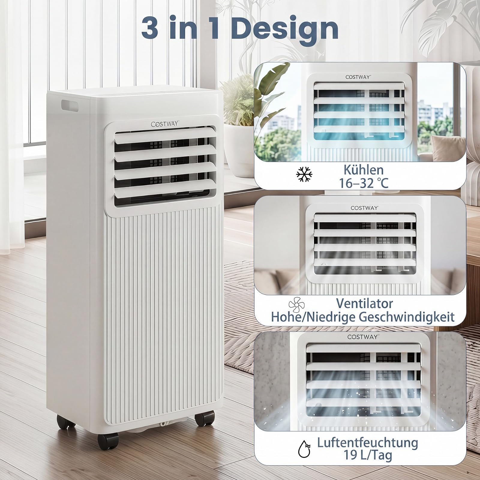 COSTWAY mobile Klimaanlage mit Abluftschlauch, Kühlgerät leise & tragbar | 3 in 1 Klimagerät zum Kühlen, Ventilator & Luftentfeuchter, Air conditioner mit Schlafmodus, 24H Timer, & Fernbedienung