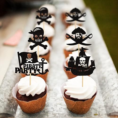Miniatura 5 de Ercadio Paquete de 24 adornos piratas para cupcakes con purpurina negra náutica para vela, temática pirata, baby shower, fiesta de cumpleaños para