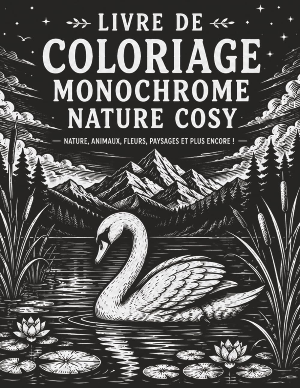 Livre de Coloriage Monochrome Nature Cosy: Livre de Coloriage Anti-Stress en Noir et Blanc avec Paysages, Fleurs, Forêts, Animaux et Scènes Cosy pour se Détendre