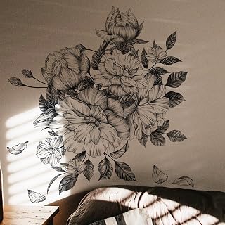 Runtoo Wandtattoo Blumen Schwarz Wandsticker Groß Pfingstrosen Blüten Wandaufkleber Wohnzimmer Schlafzimmer Kinderzimmer Babyzimmer Wanddeko